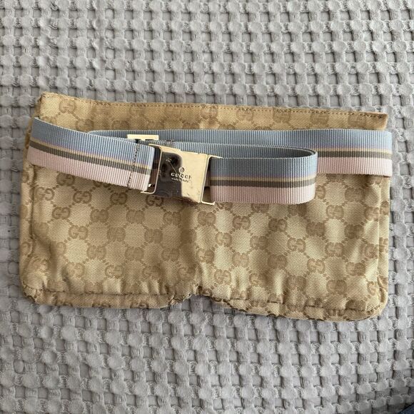 Auth VTG Gucci GG Canvas Brown Pink Blue Monogram Belt Bag Crossbody Fanny Pack - Picture 3 of 16
